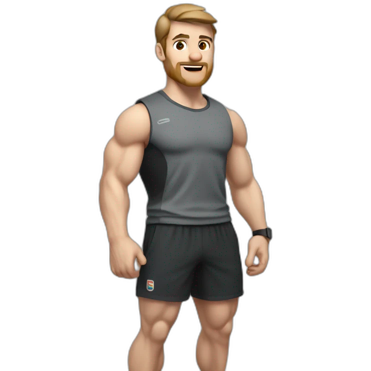 Close up Actively gesturing  with hands Pale skinned Fit Man With the biceps and brown hair in dark gray Sleeveless Mike, black oversize sports shorts, watch and white Sneakers emoji