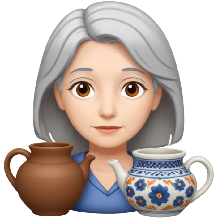 Woman with grey hair with ceramics emoji