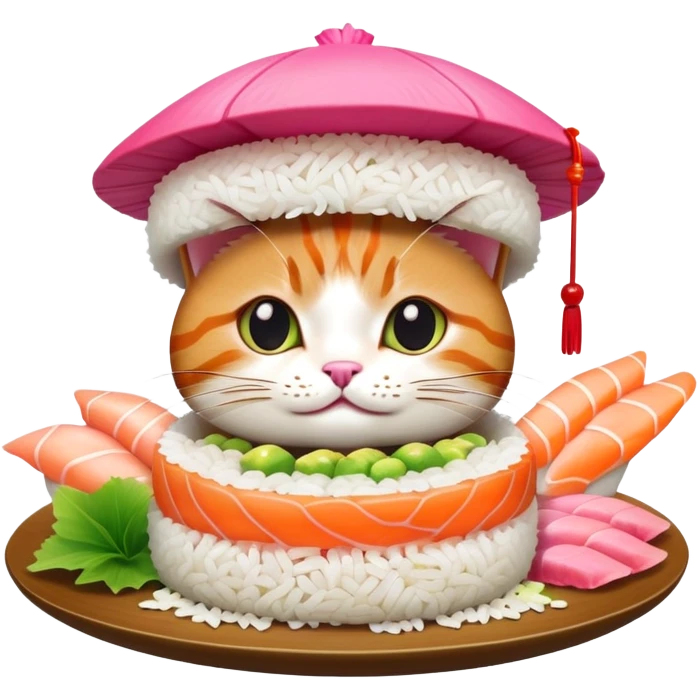cat wearing a sushi hat with rice base, multiple fish pieces on top, wasabi accent, pink ginger slices, and lots of soy sauce heavily dripping down the sides emoji