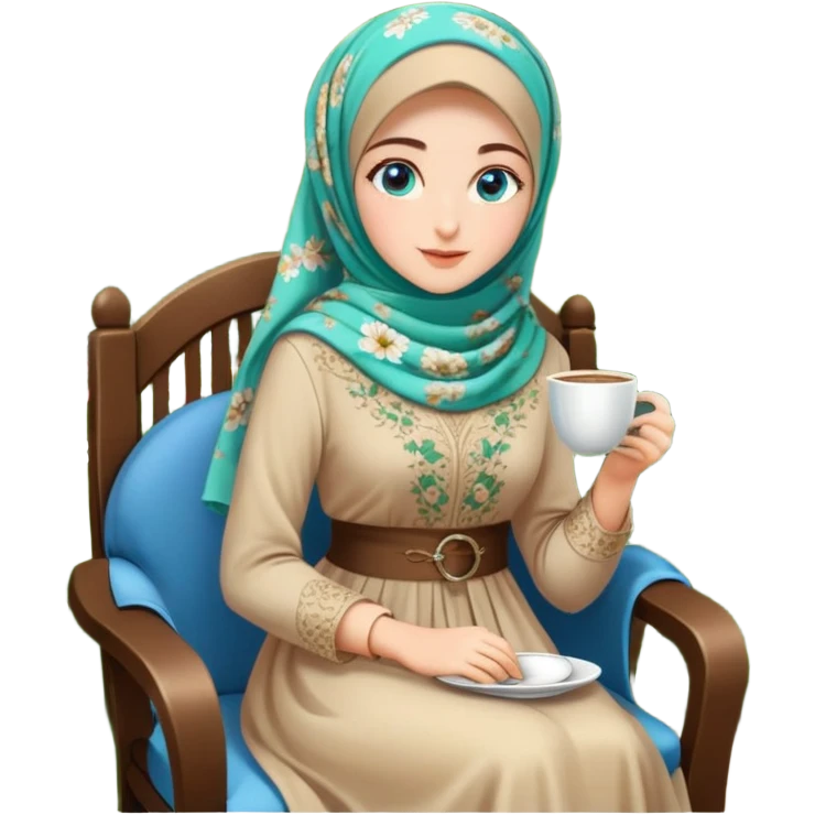 Turkish beautiful finish Konya girls blue eyes with Beautiful light brown green floral hijab long tail dress and in a lovely garden sits on the chair on the ground and holds cup coffe with her hand  emoji