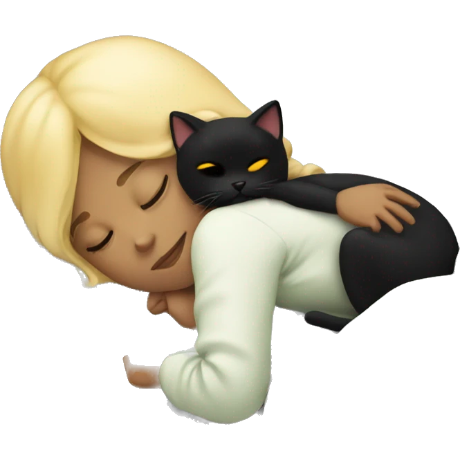 Blonde girl sleeping in bed with black cat emoji