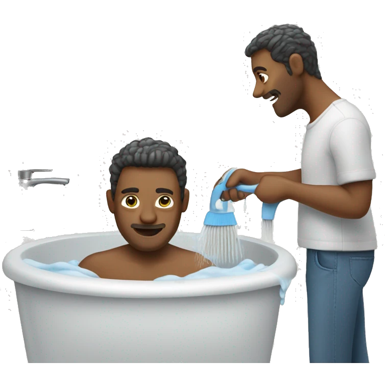 A man washing and brushing himself with a background towards emoji