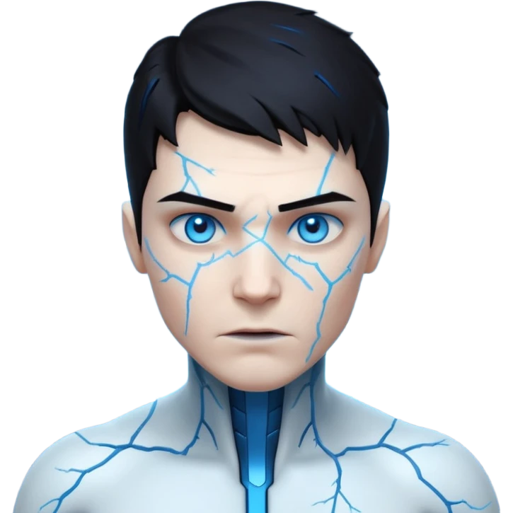 electric lab mutant portrait, head and shoulders only, glowing blue energy cracks on skin, wild hair, intense eyes, sci-fi lab accident vibe, 3D cartoon, mobile game icon style, clean background, no text, no watermark

 emoji