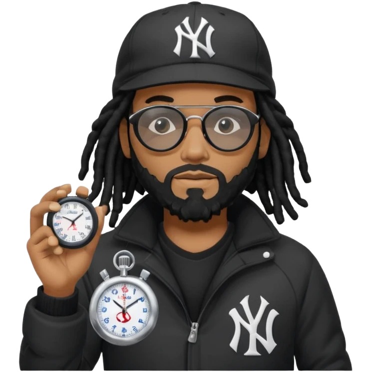African American Man with shoulder length black dreadlocks with black beard wearing black sunglasses wearing a black bubble winter coat and a New York Yankees logo baseball cap holding a stopwatch emoji