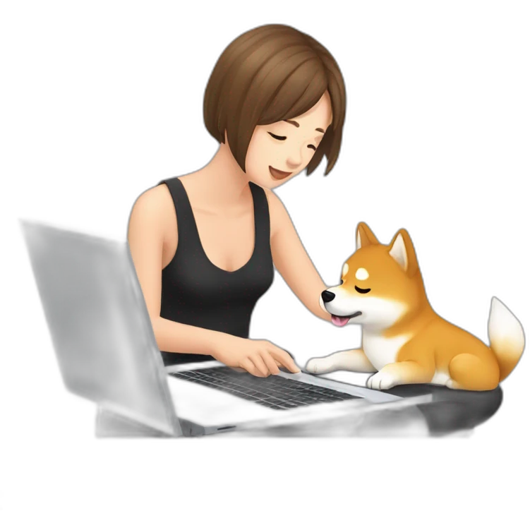 25 yo student typing on laptop with a shiba next to it emoji
