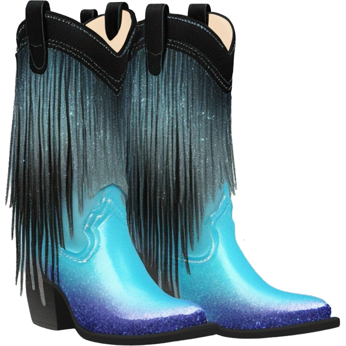 Realistic pastel blue to black ombre pair of fashion cowgirl boots with sparkly shiny glitter fringe on them. emoji
