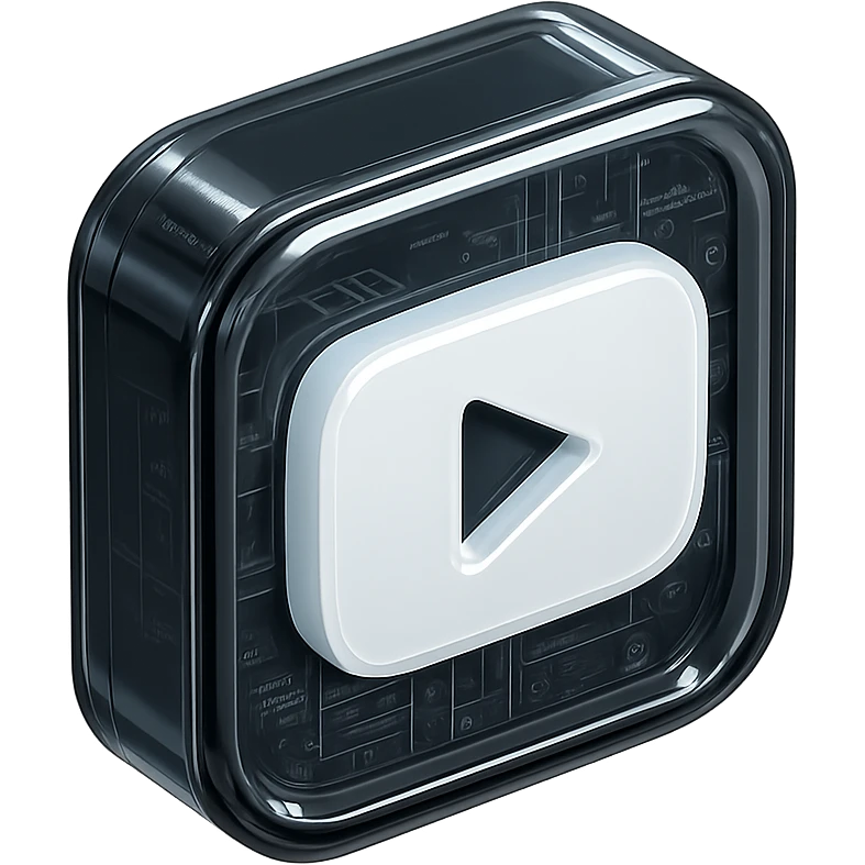 white YouTube play button inside a black box emoji