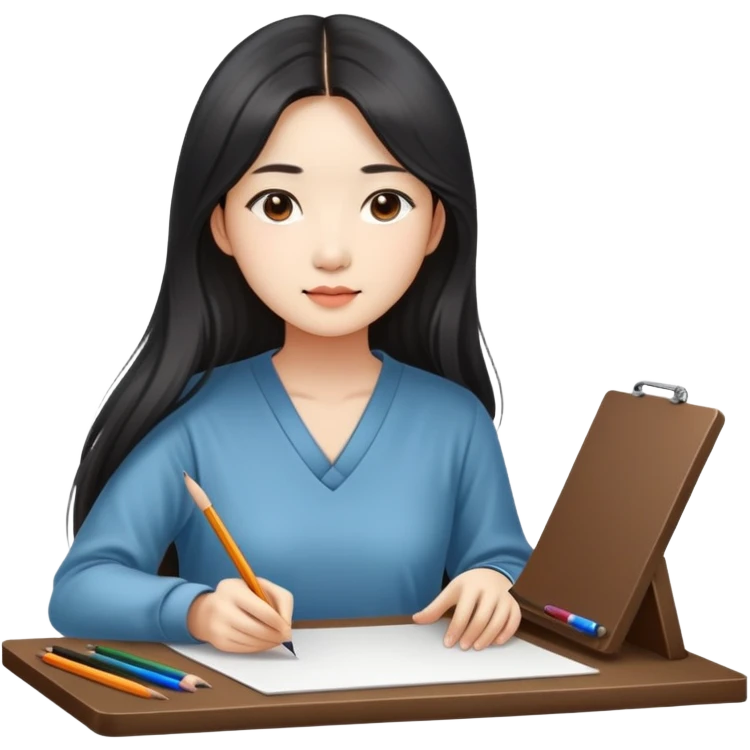 Asian woman in long hair drawing on drawing table  emoji