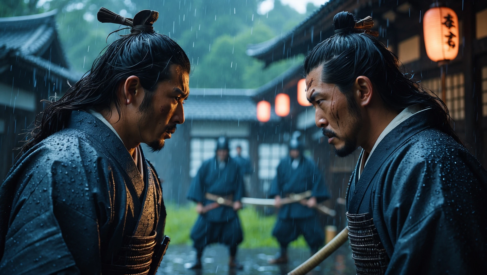 A cinematic scane from 1185, Wide shot of a two japan samurai face to face ready to fight during rain, deph composition, tense atmosphere, captured by by arri alexa, film directed by wes anderson emoji