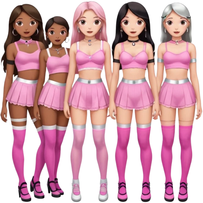 offering a group of girls. a big family scandinavian from female only young small.
. and different sizes long hair color. gooner gonzo sissy feminine pink lingerie dress crop top skirt thigh socks. close up detailed shot. white and silver accessories choker hoop earrings. emoji