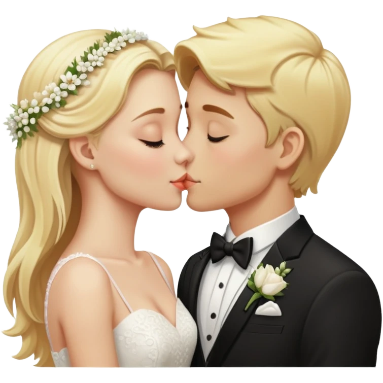 One blonde girl and one blonde boy at their wedding while kissing emoji