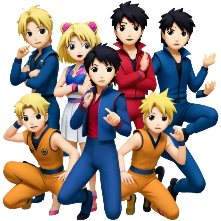 Icon for Anime Collage: Vibrant close-up collage Characters from Cowboy Bebop, Naruto, Bishoujo Senshi Sailor Moon and Kimetsu no Yaiba, each in their iconic poses and vibrant outfits, blended together with dynamic backgrounds. Transparent background. emoji