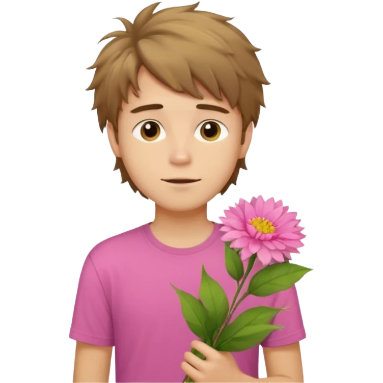 generate an ios genmoji of a 20 year old fair boy with brown long and messy hair with stubble on cheeks. carrying a pink flower bouquet, wearing a yellow tshirt, looking shy emoji