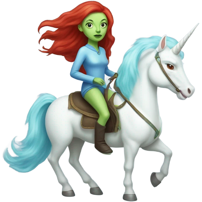[
	{ woman: alien, color: light green, hair:red, eyes:blue} ]
	on a 
	[{ unicorn: white, legged:six, mane: light blue }] emoji