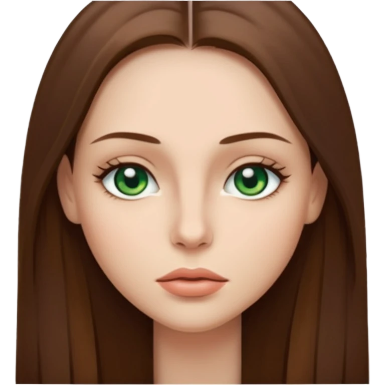 Female face emoji. Straight long brown hair, fair skin, green eyes, neutral expression, closed lips, minimal makeup emoji
