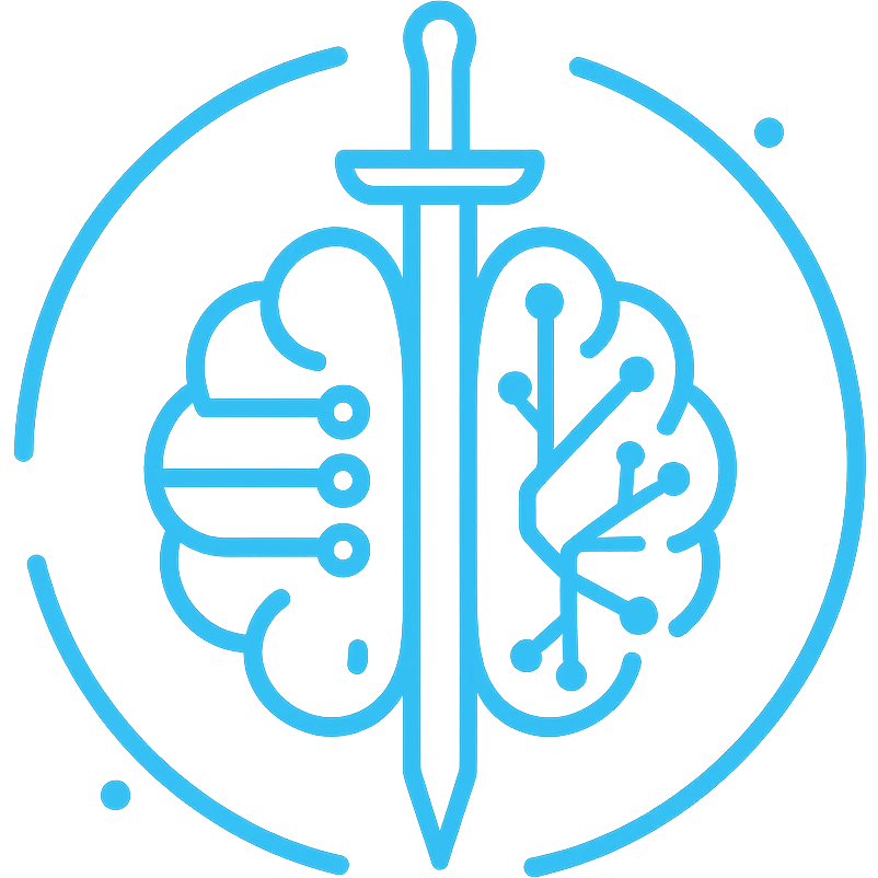 minimalist badge of a brain divided by a neural blade, circuits and neurons in hemispheres, broken circle with three points, flat, monochromatic neon blue, representing strategy and technological mastery emoji