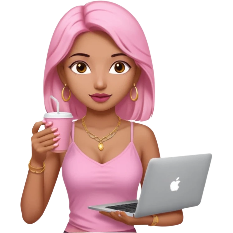 a pretty fair indian bratz girl with a pink cami top, drinking takeaway brown coffee, golden dainty necklace and carrying a white macbook emoji
