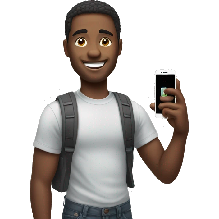 guy holding iphone in his hand with a smile on his face emoji