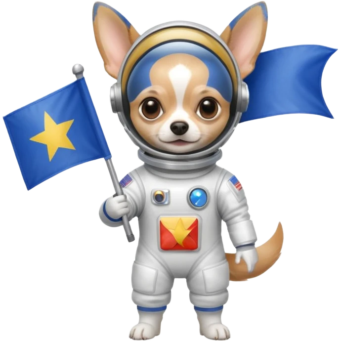 a chihuahua in space suit, holding blue rectangle flag, full body, front view emoji