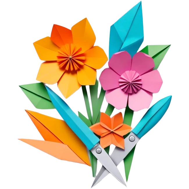 Paper crafting icon, colorful paper sheets, origami figures, 3D paper flowers, visible scissors and craft knife, minimalistic style, clean lines, transparent background. emoji