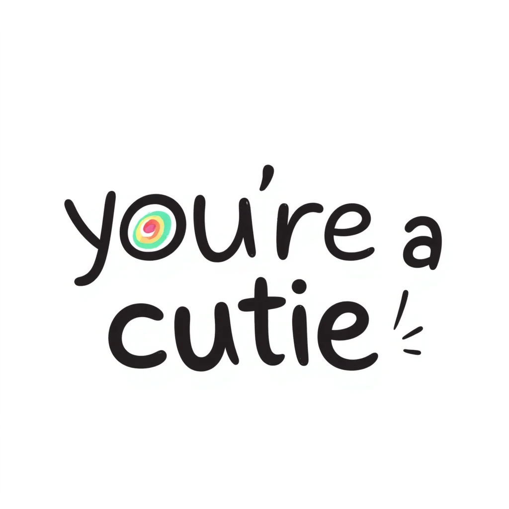 "you're a cutie" in bold rainbow colors, hand-lettered fun font, festive and friendly vibe emoji