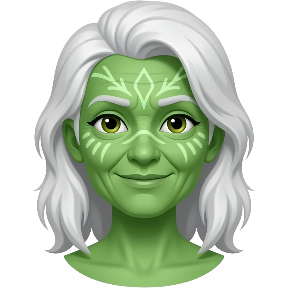 llustrate a Pandora-style old female avatar with radiant green skin, intricate facial markings emoji