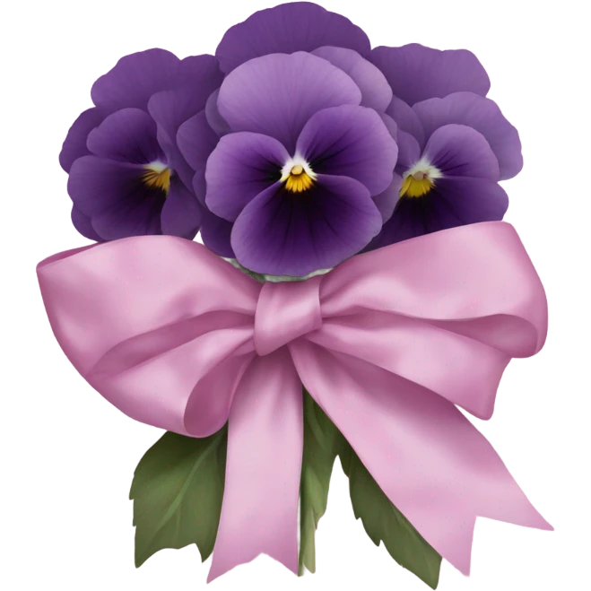 A bundle of pastel pansies and dark violet peonies wrapped in translucent deep pink fabric with a delicate bow. emoji