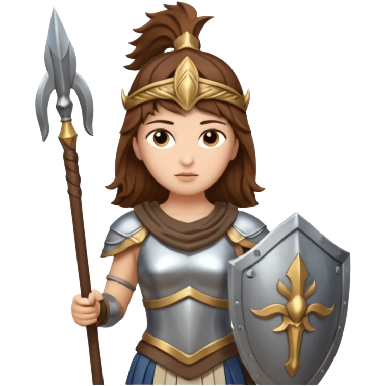 brown haired Athena the Greek goddess of disciplined, strategic warfare, calm, commanding figure leading with intelligence not force. wears light armour carries a spear, symbolising protection precise judgement. strategy, not aggression, embodying clarity, foresight and decisive action. emoji