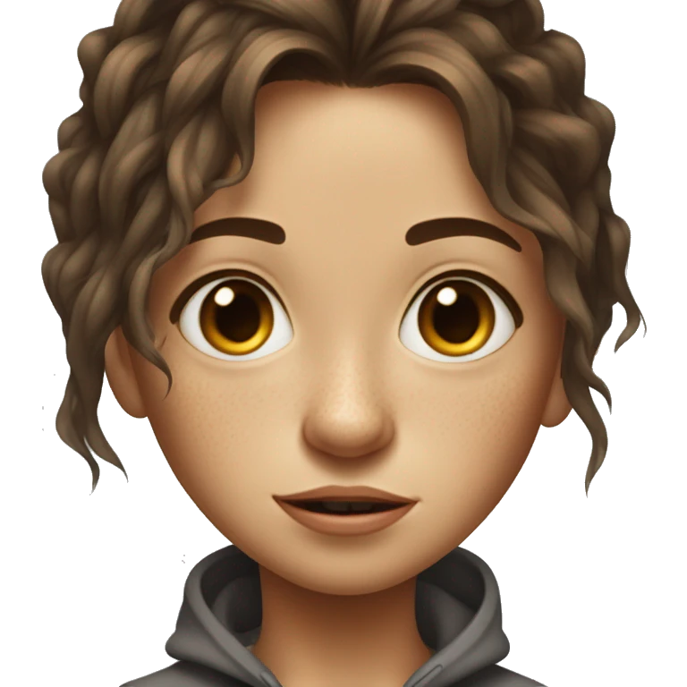skinny girl with freckles and medium length messy brown hair, squatting emoji