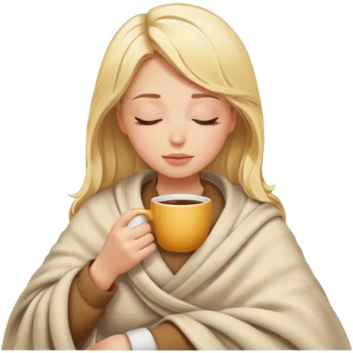 Blonde girl inside a blanket sipping coffee eyes closed emoji
