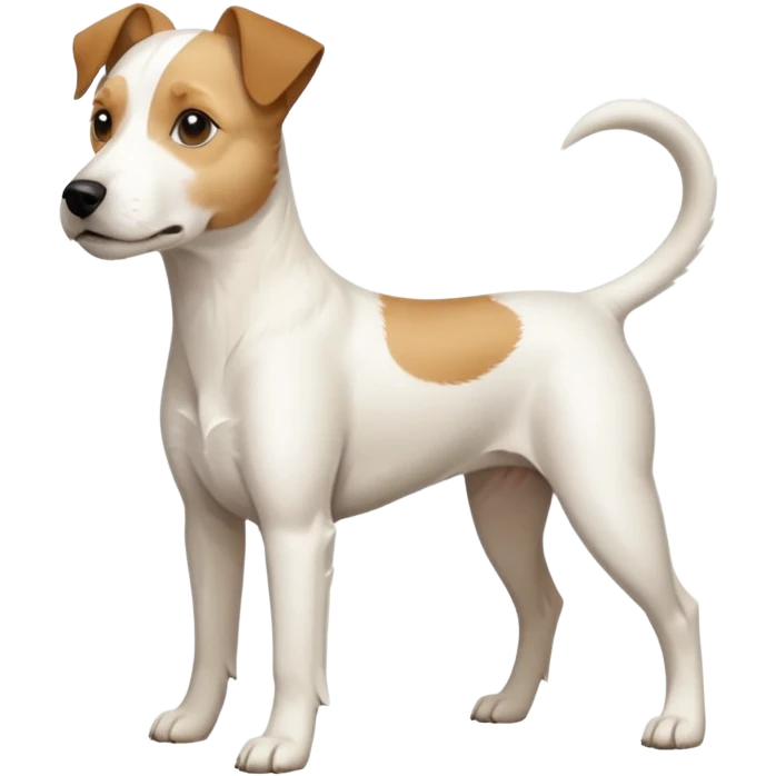 a full body buff white parson russell terrier looking dog the size of a kelpie with light brown long ears and a light brown patch on one eye and a large snout. the rest of the dog is completely white. forward facing emoji