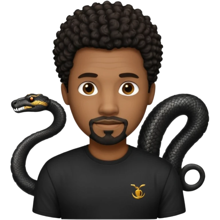 Homme noir de peau,  yeux marron avec un bouc pas de  moustache, cheveux noir court et bouclé crépus avec un dégradé sur le côté, avec un cobra à côté , t-shirt noir  emoji