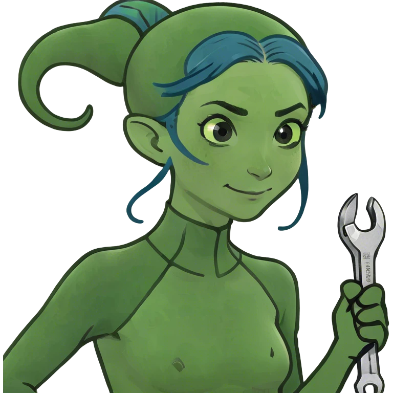 Blue female sea elf holding up a wrench, blue hair in bun, freckles on face. Wearing a green wetsuit  emoji