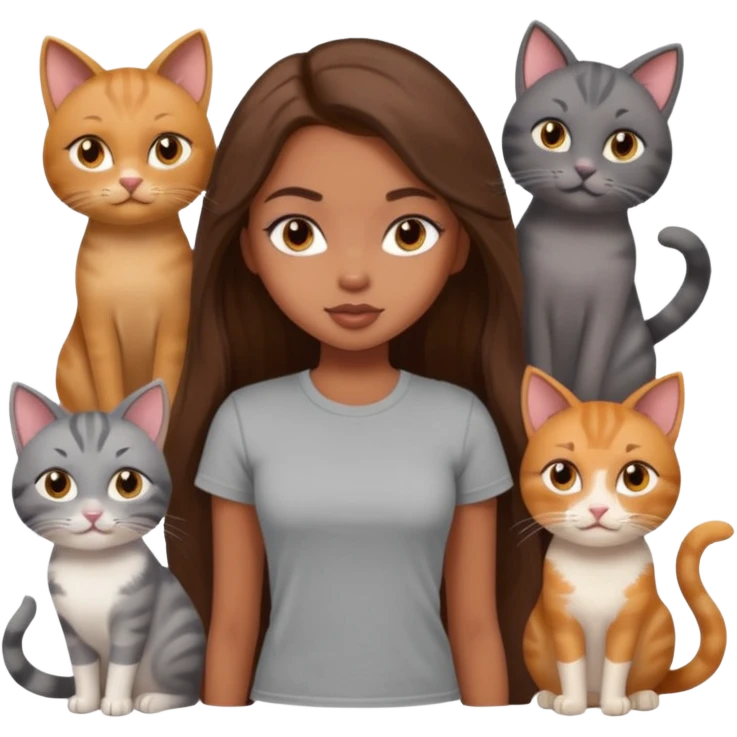a pretty bratz dusky girl with long brown hair with six cats nd wearing a grey tshirt emoji
