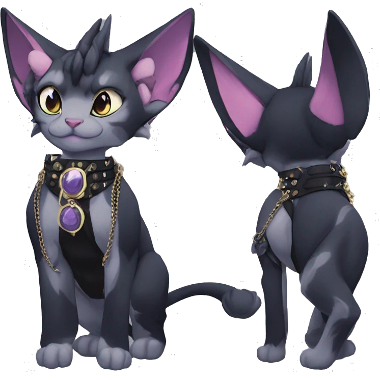 Anthro cool punk kawaii anime edgy distinguished pretty elegant beautiful fantasy black ethereal nargacuga-Noivern-sphynx-Quiana-Fakemon collar harness chains necklace full body emoji