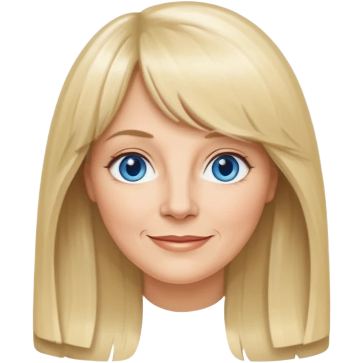 50 yr old white woman, curtain bangs, very long straight blond hair, oval face, small smile, blue eyes emoji