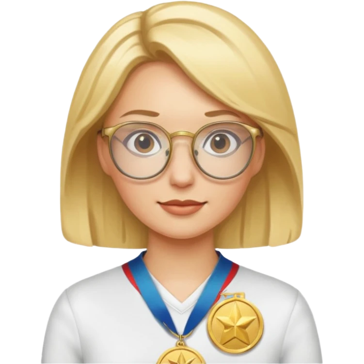 Describe a blonde woman wearing glasses with a gold medal emoji