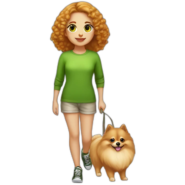 light-skinned-girl-with-green-eyes-walk-with-red-pomeranian emoji
