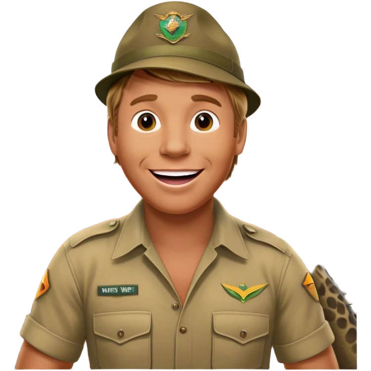 Cinematic Realistic Steve Irwin Portrait Emoji, depicted as a passionate wildlife expert in his signature khaki attire with an enthusiastic smile and a backdrop of the Australian outback, rendered with vibrant textures and dynamic natural lighting that captures his adventurous spirit. emoji