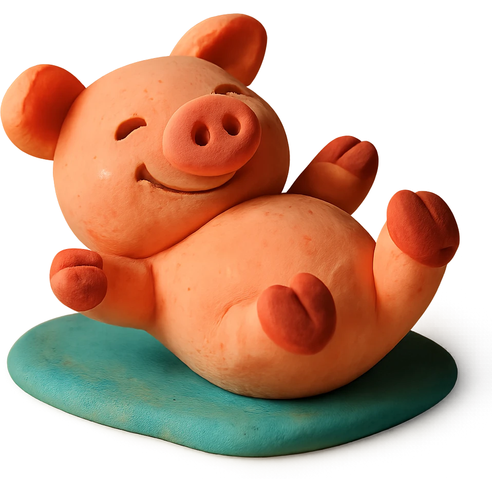 pig lying on its back, smiling, soft lighting, vibrant colors, claymation style emoji