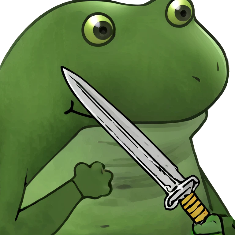 bed with a sword, green bufo frog meme style emoji