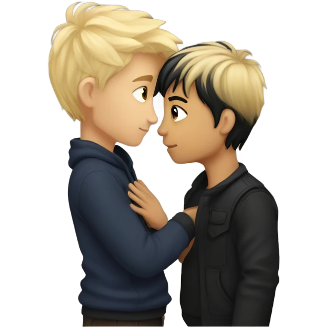 Golden haired boy and raven haired boy kissing emoji