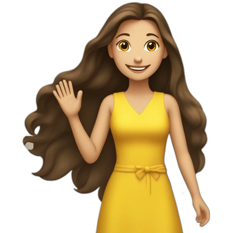 Brunette happy girl with long hair shake her hand for say hi! to someone. She is wearing a yellow dress emoji