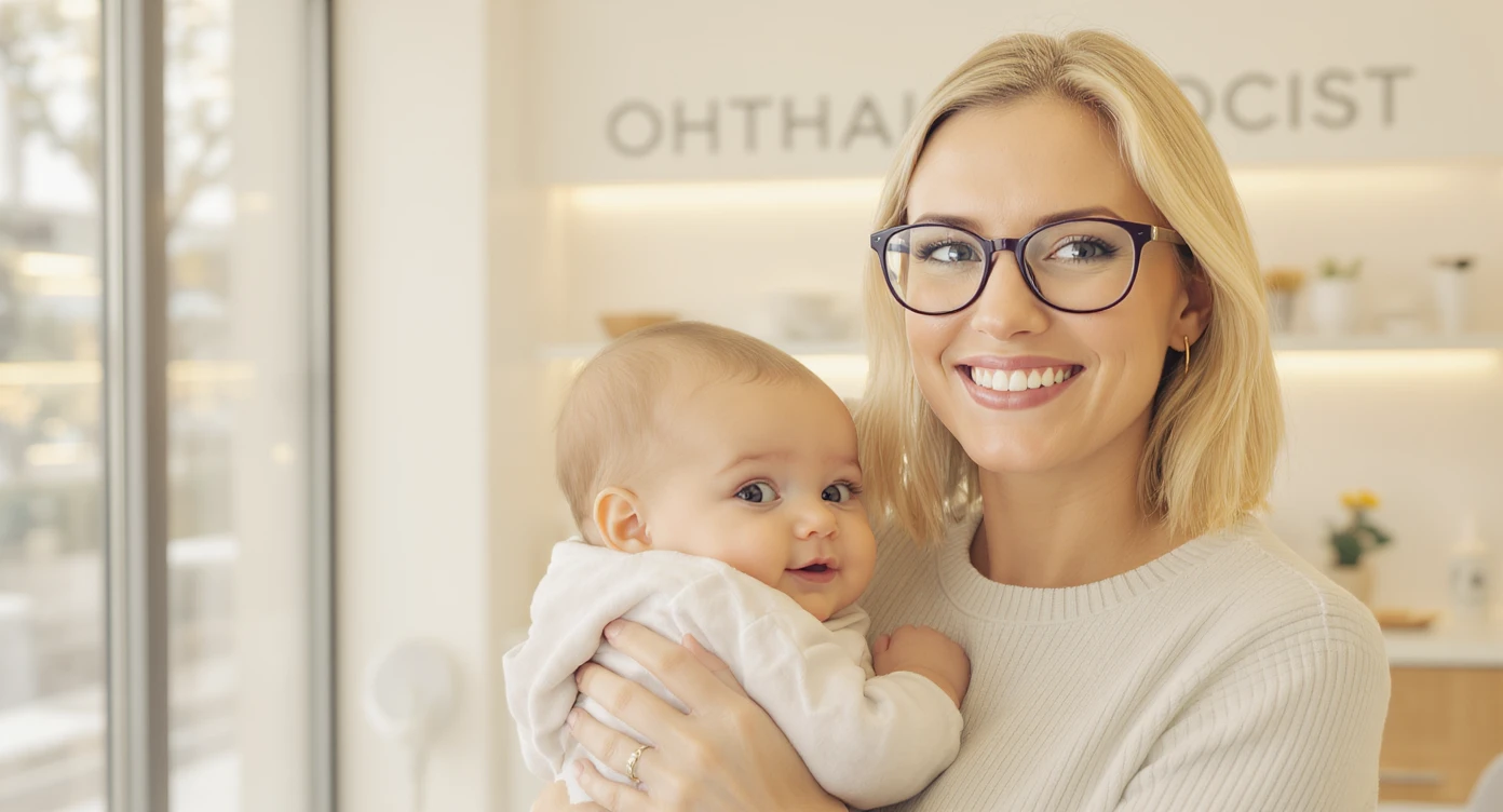 Cinematic still, Proffesional advertising of a smiling european white woman with glasses smiling holding baby, minimalistic ophthalmologist interior in background, leading  lines, "rule of thirds", 60/30/10 colors, soft light, warm colors emoji