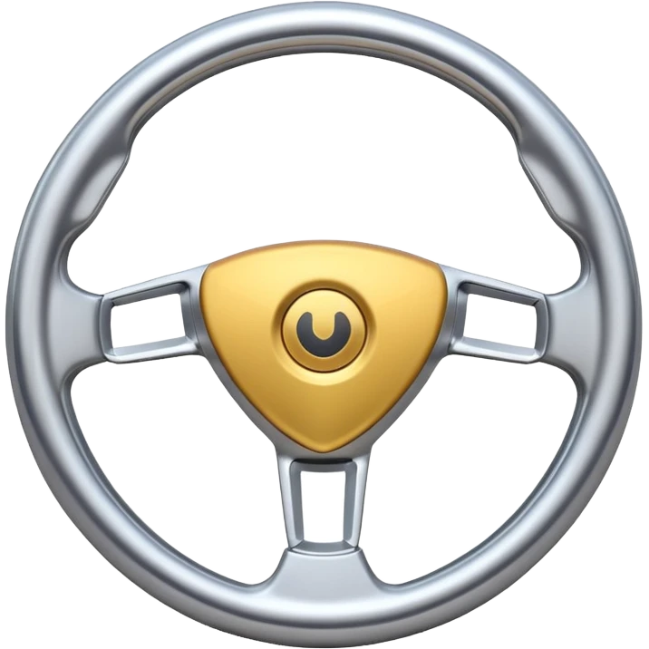 A futuristic steering wheel emoji made of silver chrome, minimal geometric design, smooth metallic surface, soft reflections, iOS emoji style, centered, clean white background emoji