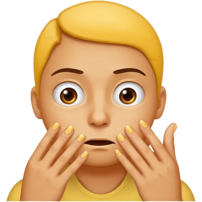classic yellow round emoji head, not a person, smelling its fingernails (the nails, not the fingers), looking annoyed emoji