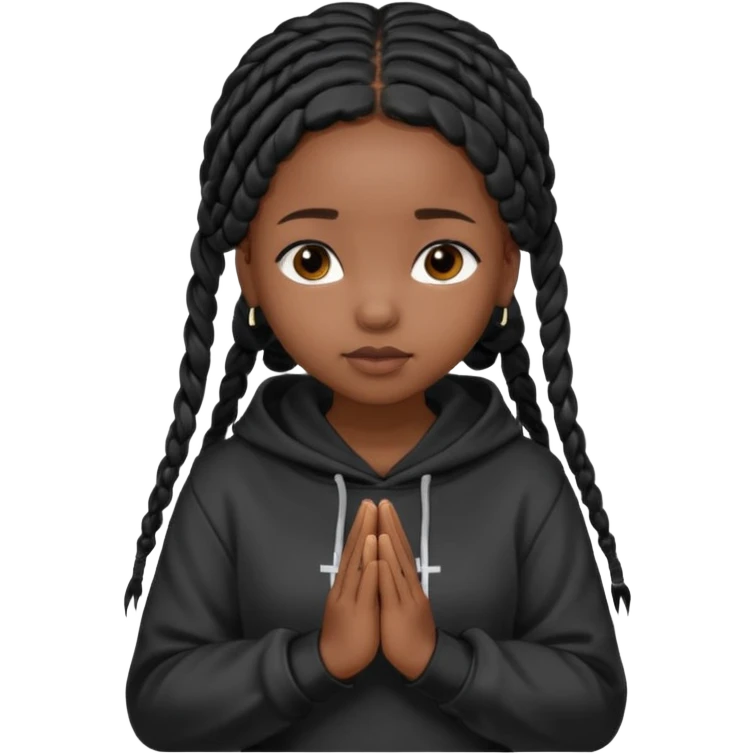 African American girl dark skin with long black box braids and plain black hoodie with prayer hands emoji