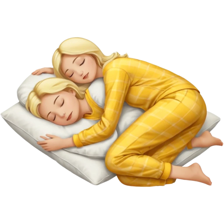 woman with blond hair in yellow pajamas, sleeping on her side on a white pillow, classic iOS emoji style emoji
