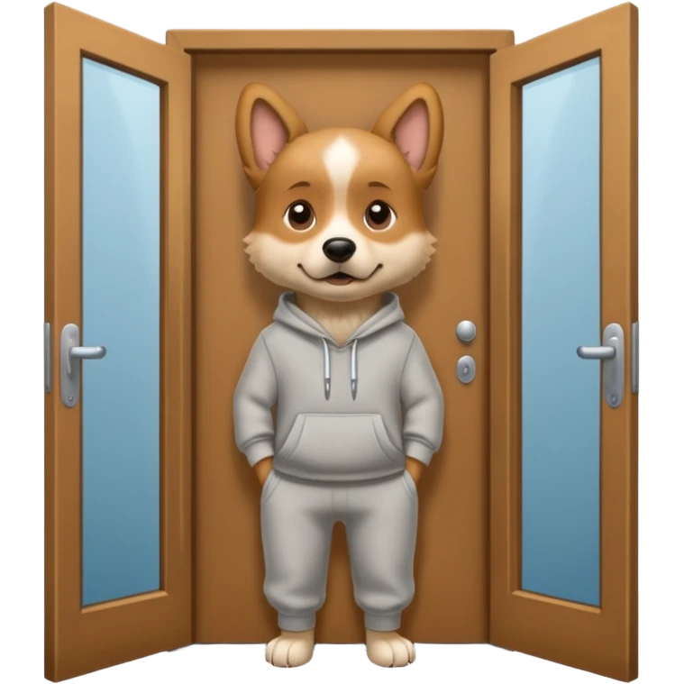 Dog in sweatpants looking out a door emoji