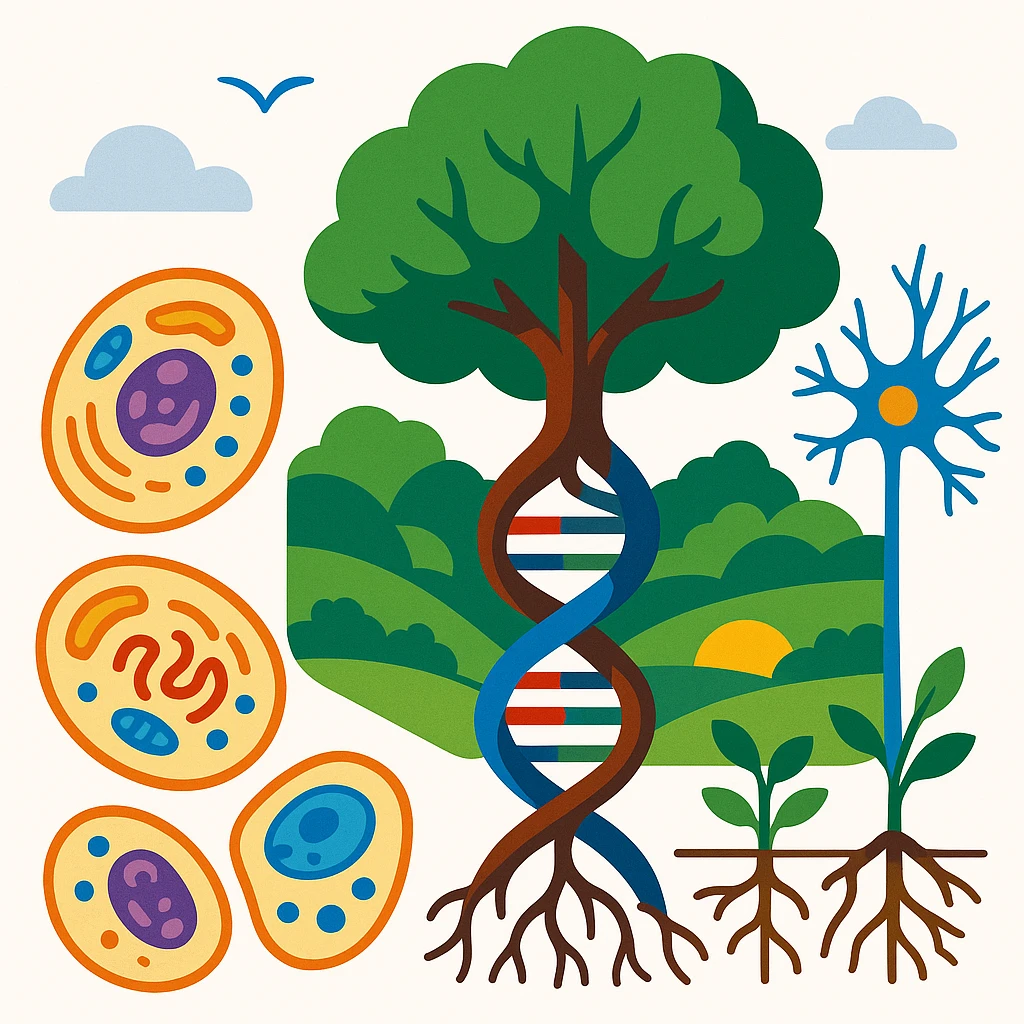 A realistic biological illustration (like in a school book) showing: DNA strands transitioning into a tree, cells with visible organelles, neurons connected to plant roots  and a balanced ecosystem background . Seamless integration, no labels or borders, complete white background (not off white!), detailed but minimalist.  emoji